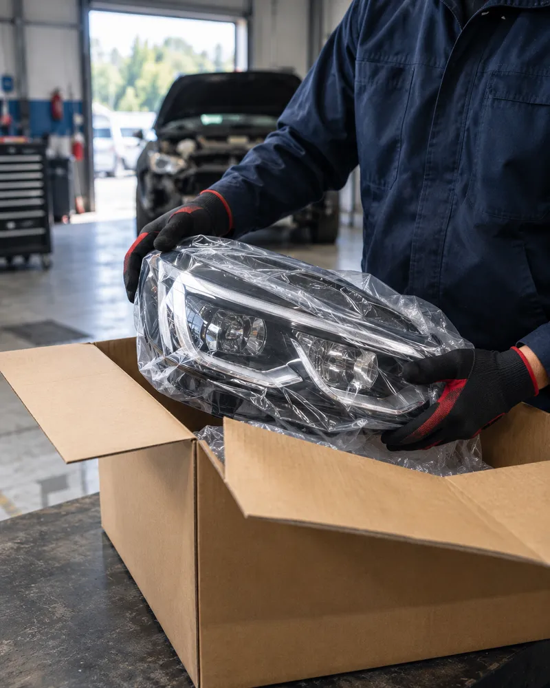 Carrossier déballant un phare neuf livré dans son carton