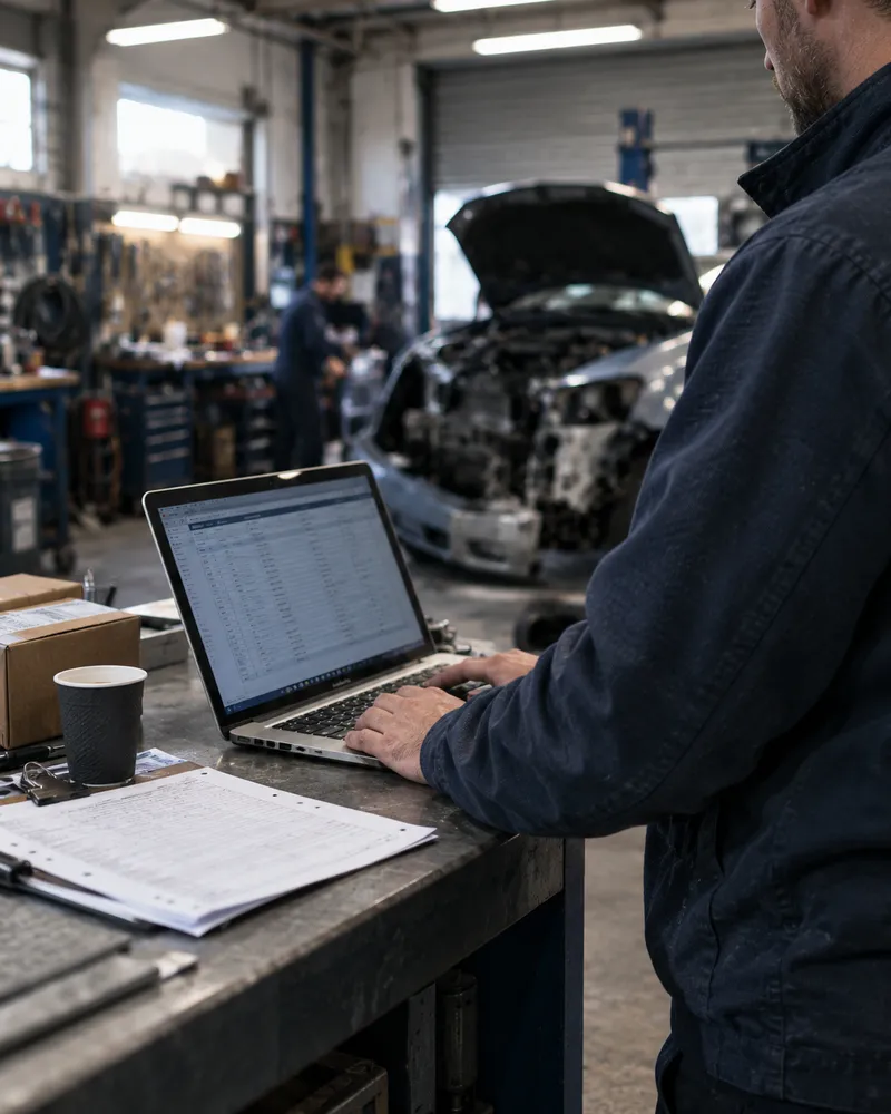 Gérant de garage passant une commande de pièces sur son ordinateur